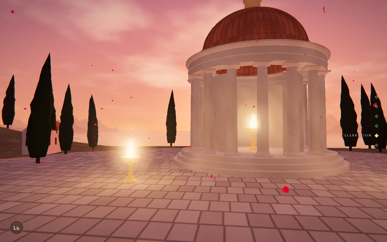 Aeterna theme: a marble rotunda at sunset with drifting rose petals, rendered in 3D